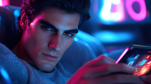 Modern Connectivity: A focused individual engrossed in a smartphone, illuminated by the soft glow of ambient, a dynamic interplay of light and shadow, depicting the essence of modern connectivity.