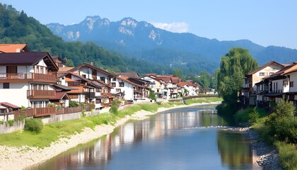 Fototapeta premium Picturesque river town nestled in a valley, surrounded by mountains and lush greenery on a sunny day