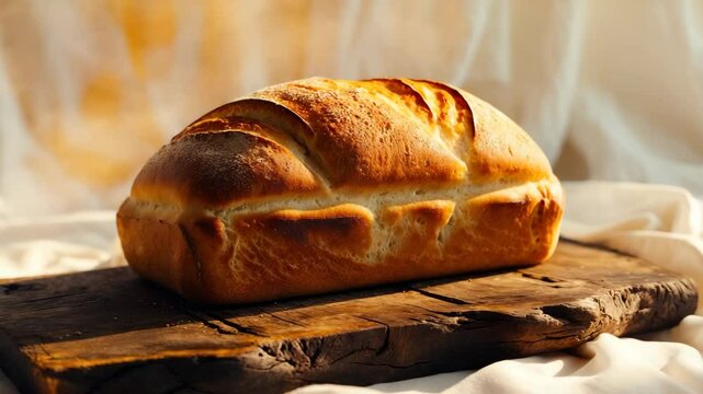 A wooden board with a loaf of bread on it