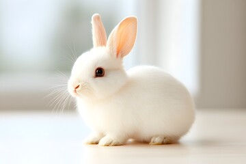 Obraz premium An adorable white bunny rabbit sits on a light-colored surface, its long ears upright