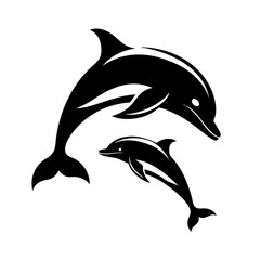 Fototapeta premium Black and white silhouette of two dolphins jumping in the ocean