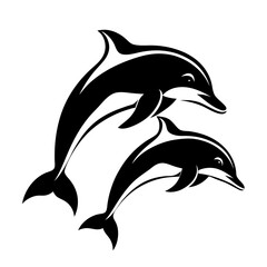 Obraz premium Black and white silhouette of two dolphins jumping in the ocean