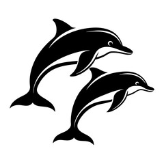Fototapeta premium Black and white silhouette of two dolphins jumping in the ocean