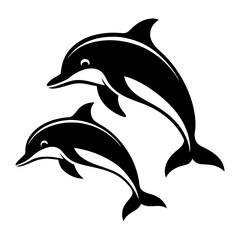 Obraz premium Black and white silhouette of two dolphins jumping in the ocean