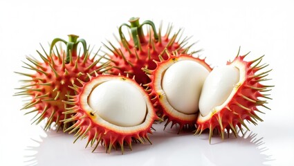 Exotically Spiked: A Close-Up of Vibrant Rambutan Fruit with Smooth White Flesh on a Clean White Background, Ready to Be Enjoyed.