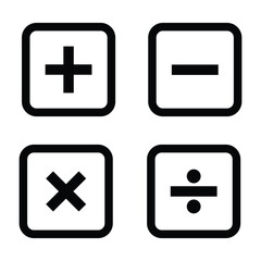 basic mathematical symbol icon set silhouette vector illustration on white background. Plus, minus, multiply, divide icon symbol vector on white background