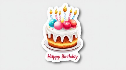 A sticker featuring a birthday cake and candles with bold "Happy Birthday" text. Mood: sweet and celebratory