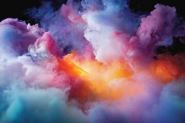 Colorful clouds in vibrant shades blend and swirl to create a stunning atmospheric display in a dark background