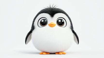 Fototapeta premium A tiny kawaii penguin with round eyes and stubby wings, centered on a clean white background. Innocent and cheerful
