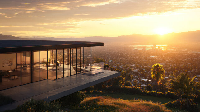Modern Architecture Sunset View: A contemporary house with expansive glass walls overlooks a breathtaking panorama of the city at sunset.