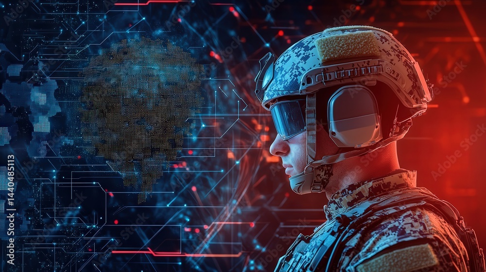 Poster ai processor embedded in an advanced defense system, analyzing threats and automating strategic deci