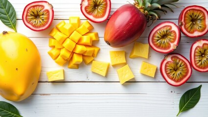 Tropical Fruit Feast: A Vibrant Display of Mangoes, Passion Fruit, and a Mysterious Pineapple Relative on White Wood