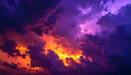 Twilight storm painting the sky with deep purples and burning orange highlights, furious black clouds ripping through the dying light,