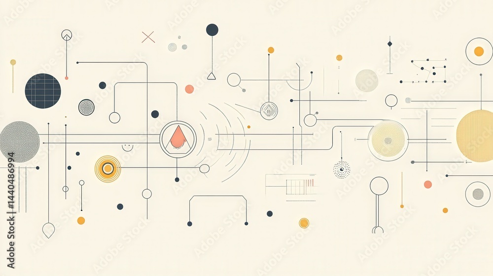Poster vector banner using line art to depict machine learning with clean, interconnected icons representing AI, algorithms, and data processing