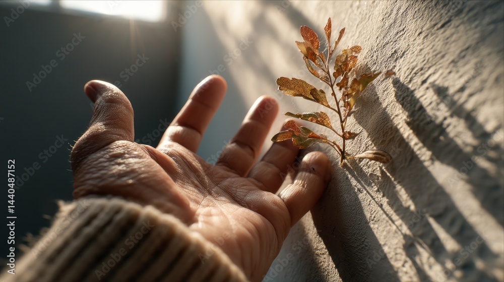 Poster a hand gently extends towards a textured surface, reaching for a small branch adorned with vibrant l