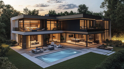 stunning modern villa with expansive glass windows, serene pool, and lush greenery