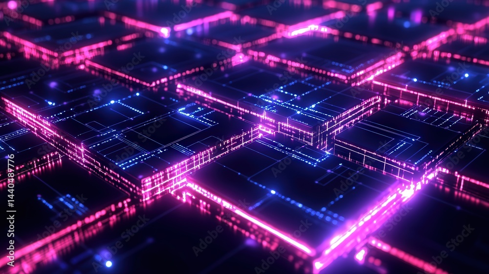 Poster blockchain network background with digital circuits, glowing paths, and interconnected nodes, illust
