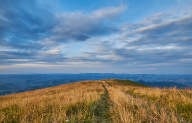 A narrow trail leads over a golden grassy hilltop under a dramatic, cloudy sky, with panoramic...