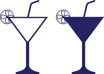 Minimalist cocktail glasses, martini silhouettes, blue and white color scheme, geometric shapes, simple line art, cocktail umbrella, drink icons, beverage illustration, clean design,