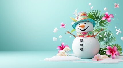 A whimsical snowman dressed in tropical summer gear, set against a snowy background. Emotion: playful contradiction