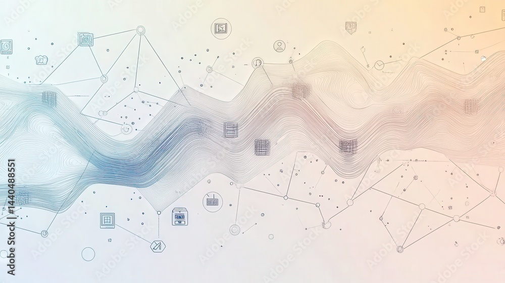 Fototapete vector banner using line art to depict machine learning with icons representing neural networks, ai,
