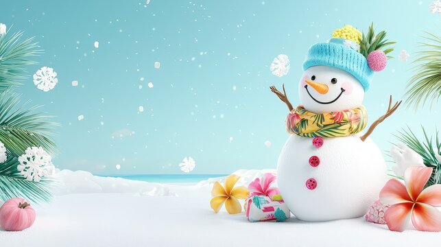 A whimsical snowman dressed in tropical summer gear, set against a snowy background. Emotion: playful contradiction