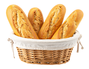 basket of baguettes isolated on white or transparent png