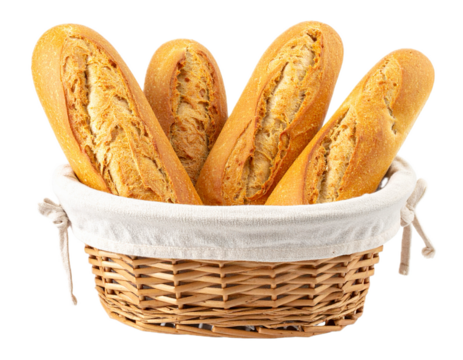 basket of baguettes isolated on white or transparent png