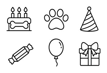 Pet party outline icons set – linear style, animal celebration, pet birthday symbols: cake, paw print, party hat, candy, balloon, gift box