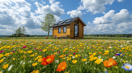 Obraz premium tiny rental home surrounded by vibrant flower field spring, evoking sense of tranquility