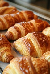 Freshly Baked Croissants on Display in a Bakery with Golden Brown Crust and Flaky Layers Ready for Enjoyment and Savored with Coffee or Tea