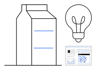 Minimalist carton box, glowing light bulb, and interface screen with graphs and content. Ideal for innovation, sustainability, product design, digital solutions, data analysis, creativity simple