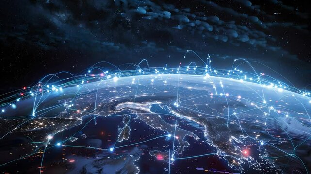 planet with a network of lines connecting it to other planets. Connections system and global datas exchanges over the globe 3D rendering elements of this image 