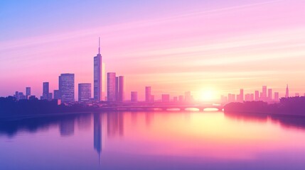 Obraz premium Colorful skyline at sunset, modern buildings reflected in water, serene atmosphere with vibrant hues, perfect for relaxation themes.
