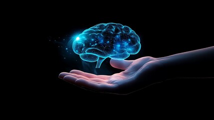 A futuristic hand grasping a brain and AI symbol in holographic form, set against a dark backdrop, illustrating the concept of intelligent business strategies