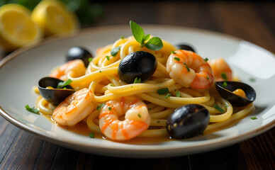 Illustration of Savory Gourmet Seafood Pasta with Rich Shrimp Cream Sauce Generative AI