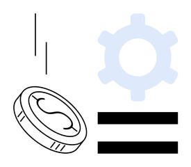 Coin with curved motion lines, a light gear wheel, and bold equality bars. Ideal for finance, automation, productivity, equality, economy value systems processes. Minimal flat simple metaphor