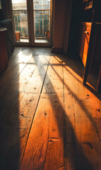 Golden light streams through an open window creating an interesting pattern on aged wood flooring