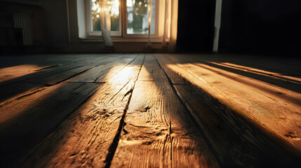 Sunlight streams through window illuminating rustic wooden floor in empty room creating warm ambiance