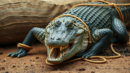 Seekor babi hutan, tubuhnya yang kuat diikat dengan rantai atau tali