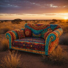 A multicolored beaded sofa in a vibrant African savanna sunset.