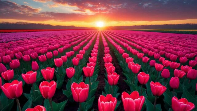 Meadows of blooming tulips during sunrise. Gorgeous outdoor view.