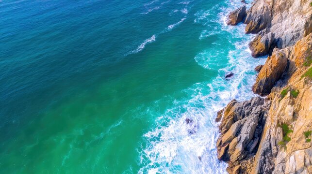 Aerial view of rocky coastline with turquoise waves crashing against cliffs under clear sky