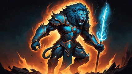 illustration of a muscular lion with fire and lightning