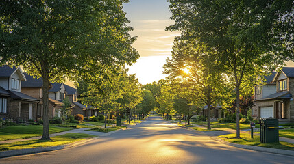 serene tree lined suburban street with detached houses bathed in warm sunlight