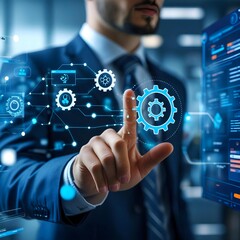businessman pressing social network icon