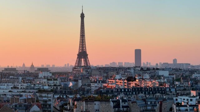 Aerial view of Experience the breathtaking beauty of a stunning Paris sunrise with the iconic Eiffel Tower. France