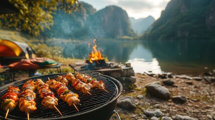 picturesque camping setup with chicken skewers grilling over an open stove, accompanied by a backdrop of nature