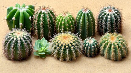 Obraz premium Collection of various round and elongated desert cacti with spines and succulent plants arranged in sandy environment for desert plant and botanical themed image
