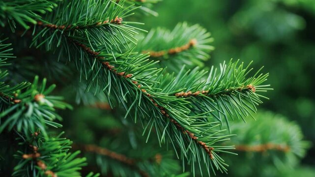 Detailed view of short needles on green branches of a tree with a green background